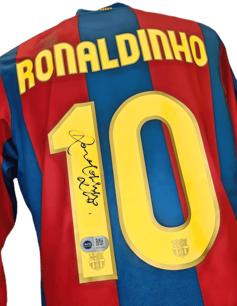 Image of a signed Ronaldinho Barcelona FC shirt